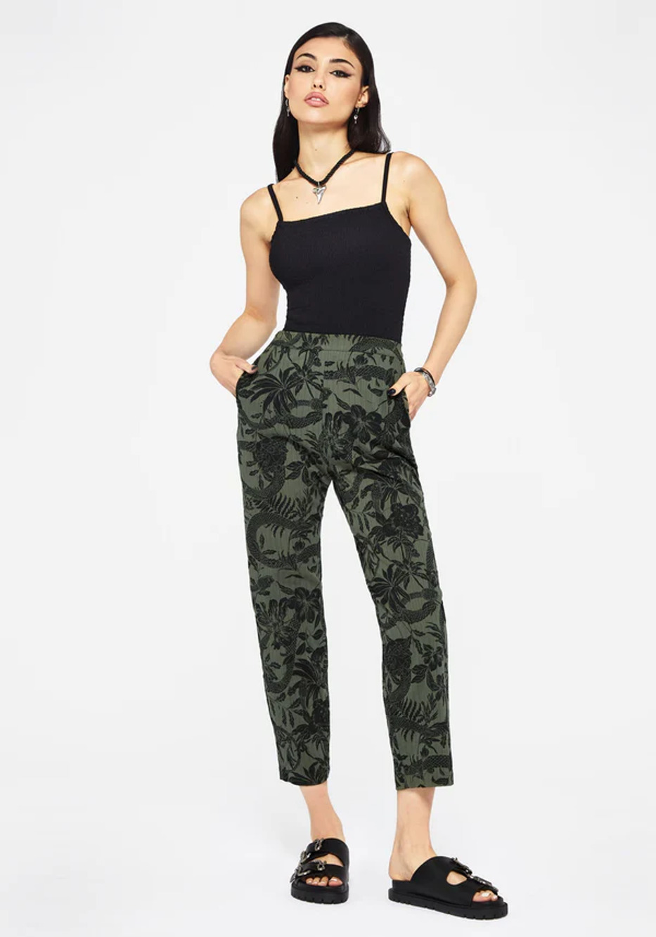 NEW Disturbia Bashe Womens Green Floral Snake High Rise Cropped Trousers Pants 6